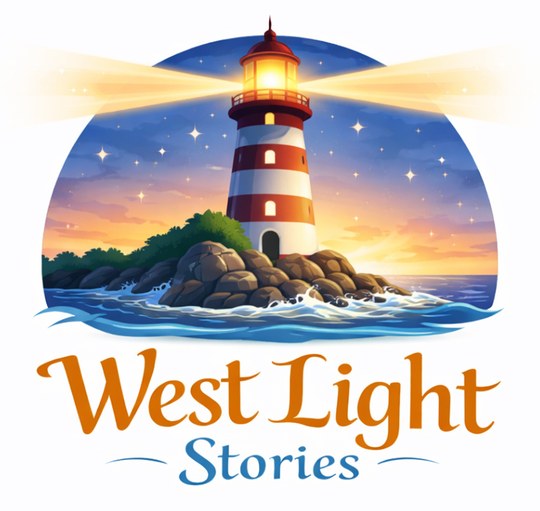 West Light Stories lighthouse shining over the sea
